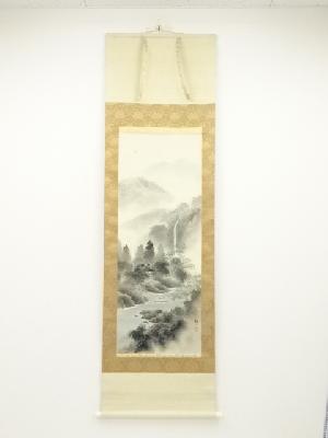 栖二筆　渓流風景　肉筆絹本掛軸（共箱）
